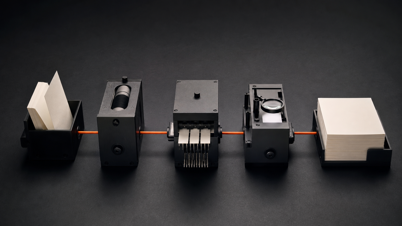 Modulare Prozesskette mit Eingang, Prüfung und fertigem Ergebnis für KI-Automatisierung