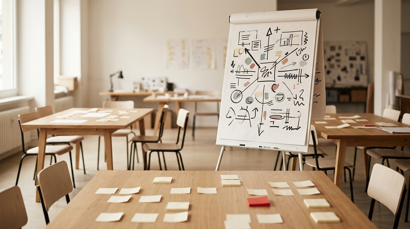 Workshop-Raum mit Flipchart und Notizen — Setting eines KI-Workshops vor Ort