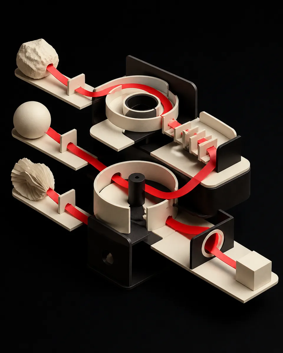 Abstrakte Darstellung: Drei unterschiedliche Eingaben werden durch ein offenes modulares System zu einer geordneten Ausgabe verbunden.